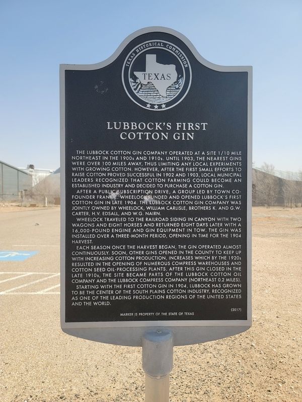 Lubbock's First Cotton Gin Marker image. Click for full size.
