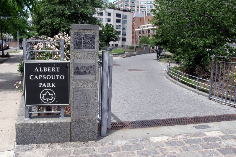 Albert Capsouto Park plaques: the Canal Street and Sixth Avenue entrance image. Click for full size.