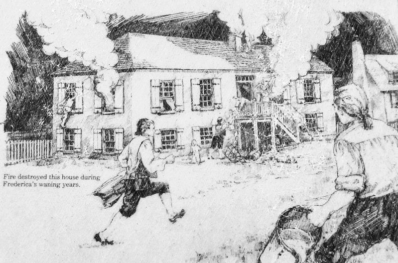 Marker illustration: Fire destroyed this house during Frederica�s waning years. image. Click for full size.