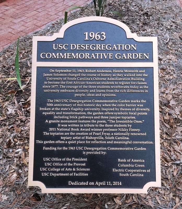 1963 USC Desegregation Commemorative Garden Marker image. Click for full size.