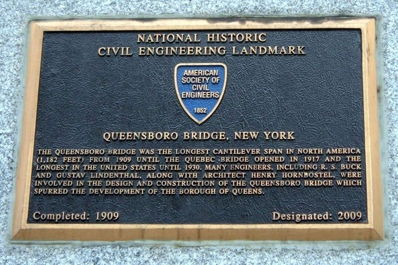 Queensboro Bridge, New York plaque. Click for full size. Queensboro Bridge, New York plaque image. Click for full size.
