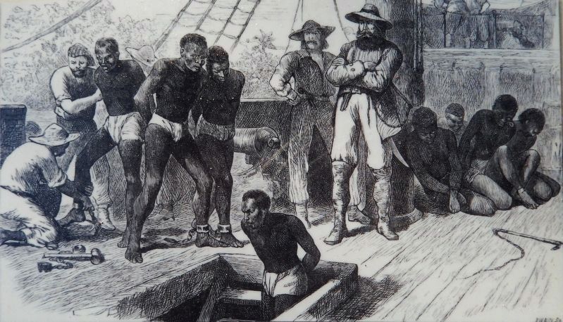 Marker detail: Captives being brought on board a slave ship on the West Coast of Africa. image. Click for full size.