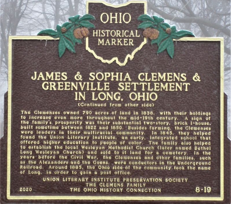 James & Sophia Clemens & Greenville Settlement in Long, Ohio Marker reverse image. Click for full size.