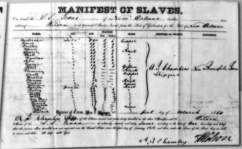 Marker detail: Slave Manifest of the <i>S.S. Texas</i> image. Click for full size.