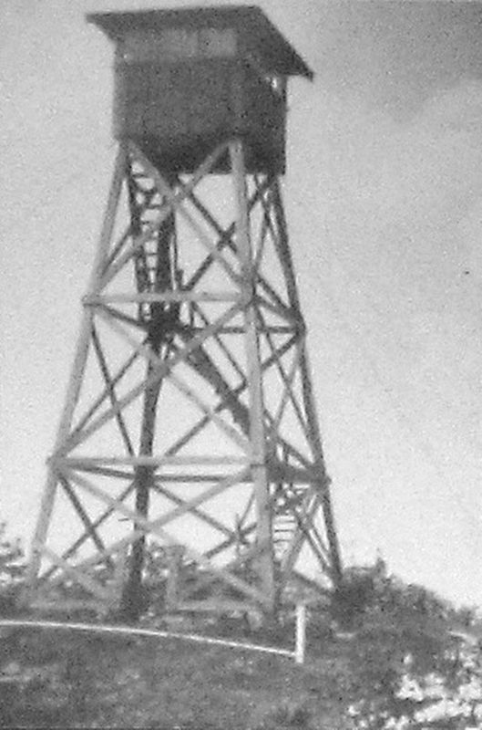 Marker detail: About 1929, the Forest Service erected a wooden fire tower on Wayah Bald.. Click for full size. Marker detail: About 1929, the Forest Service erected a wooden fire tower on Wayah Bald. image. Click for full size.