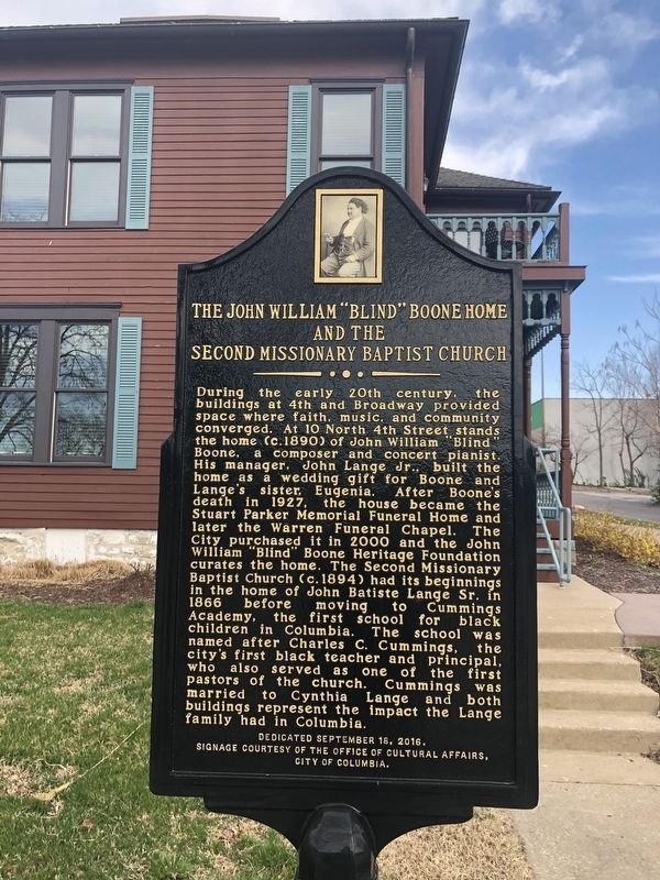 The John William "Blind" Boone Home and the Second Missionary Baptist Church Marker image. Click for full size.
