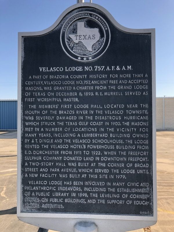 Velasco Lodge No. 757, A. F. & A. M. Marker image. Click for full size.