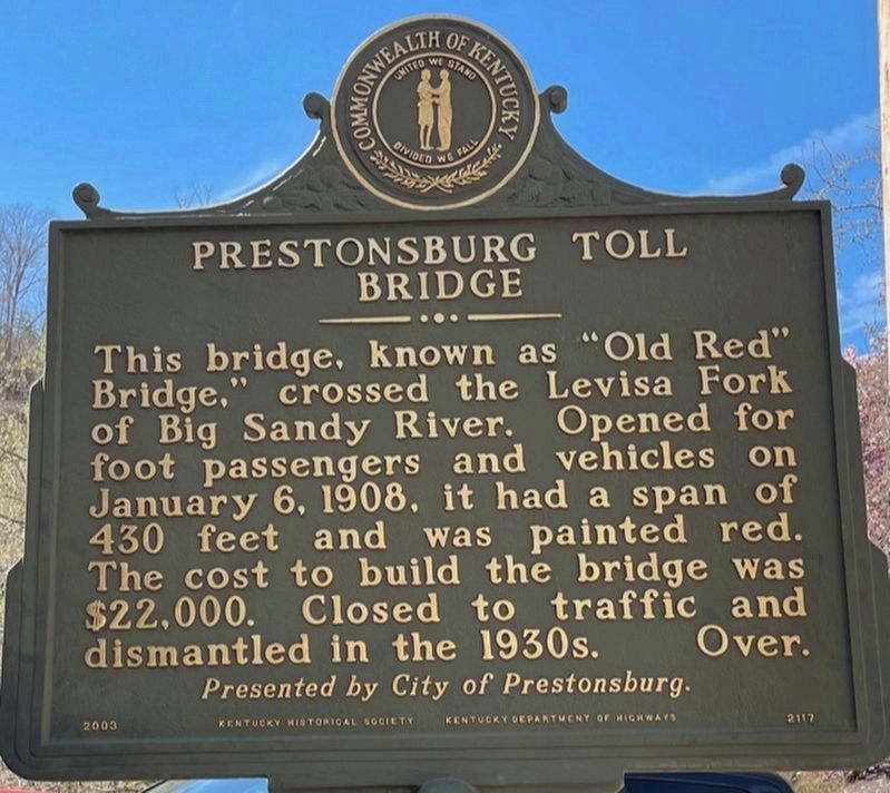 Prestonsburg Toll Bridge side of the marker image. Click for full size.