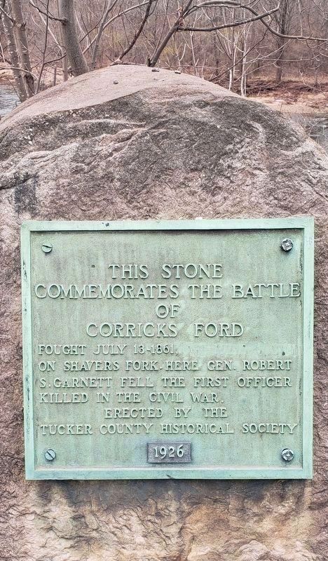 This Stone Commemorates the Battle of Corricks Ford Marker. Click for full size. This Stone Commemorates the Battle of Corricks Ford Marker image. Click for full size.