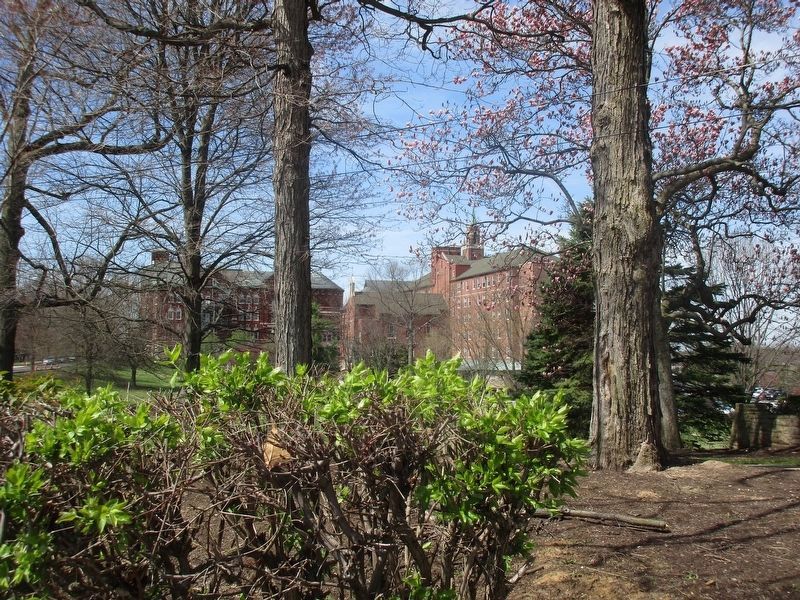 The building is visible through the trees behind the marker. image. Click for full size.