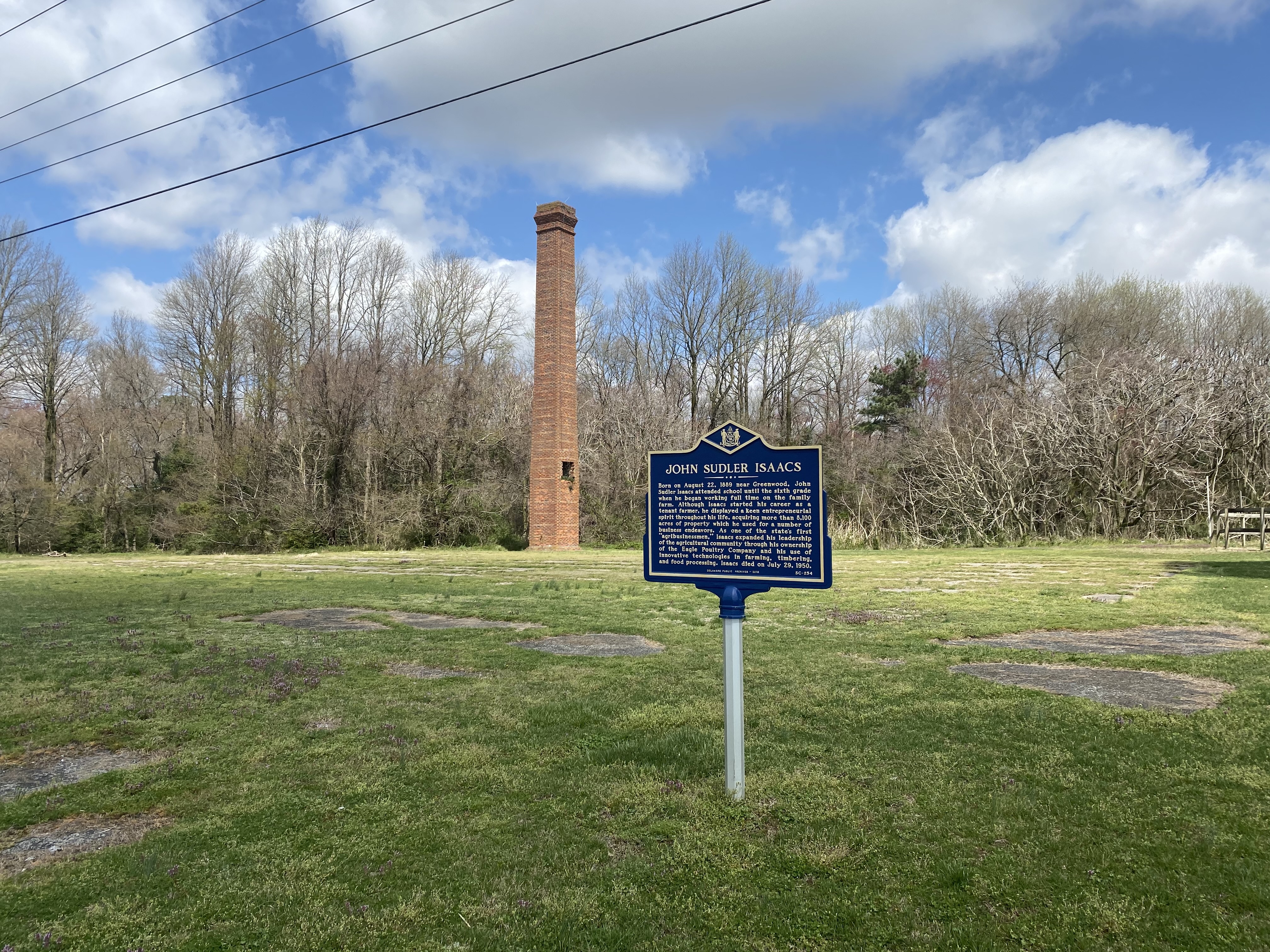Site of the John S. Isaacs Bean Cannery. The chimney is all that remains of the original building.