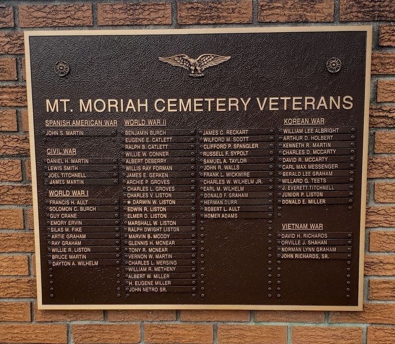 Mt. Moriah Cemetery Veterans Marker. Click for full size. Mt. Moriah Cemetery Veterans Marker image. Click for full size.