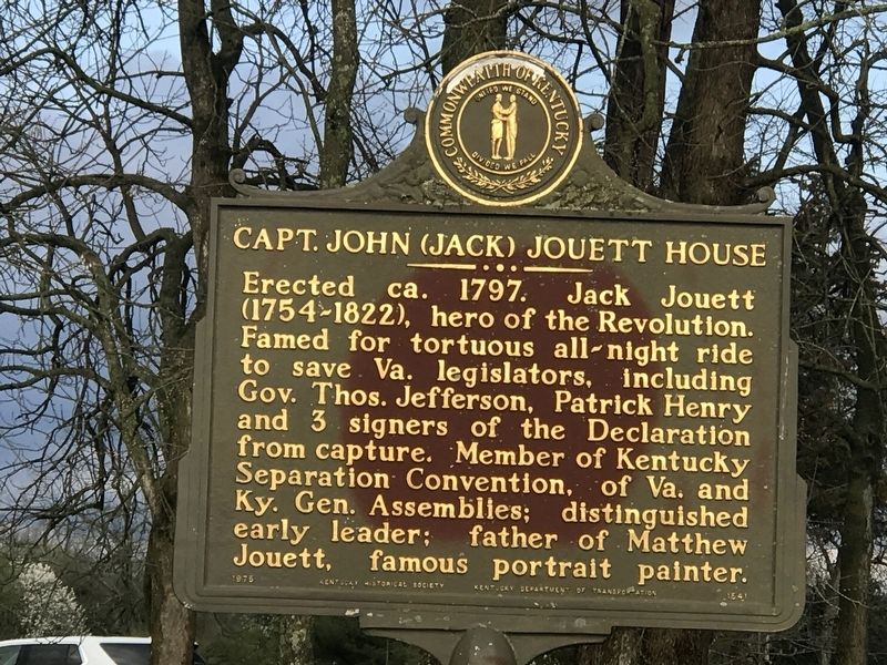 Capt. John (Jack) Jouett House Marker. Click for full size. Capt. John (Jack) Jouett House Marker image. Click for full size.