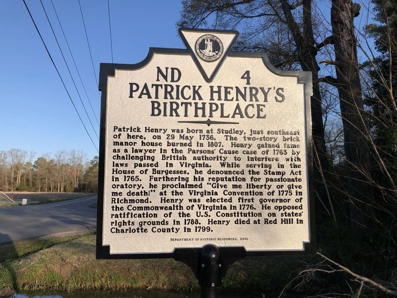 Patrick Henry's Birthplace Marker image. Click for full size.