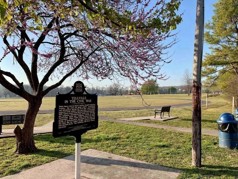 Yellville In The Civil War Marker with view of Yellville City Park. image. Click for full size.