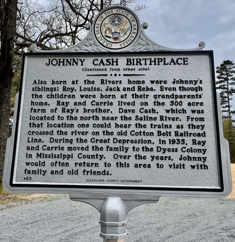Johnny Cash Birthplace Marker (reverse). Click for full size. Johnny Cash Birthplace Marker (reverse) image. Click for full size.