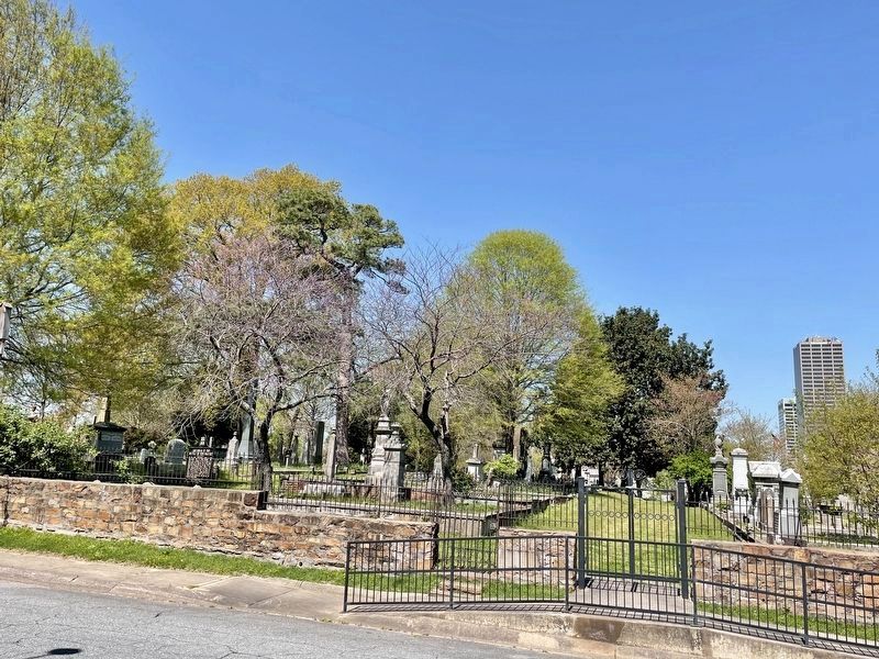 Marker is on south side of cemetery above the high stone wall. image. Click for full size.