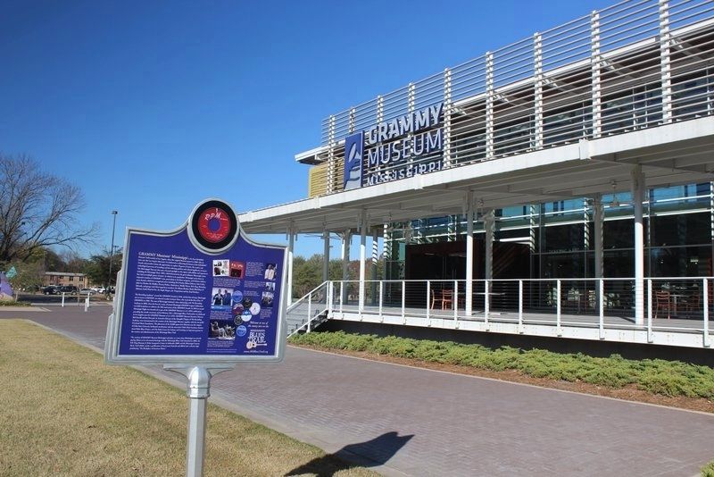 Grammy Museum Mississippi Marker and museum image. Click for full size.