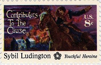 Sybil Ludington, U.S First Class postage stamp, issued in 1975 image. Click for full size.