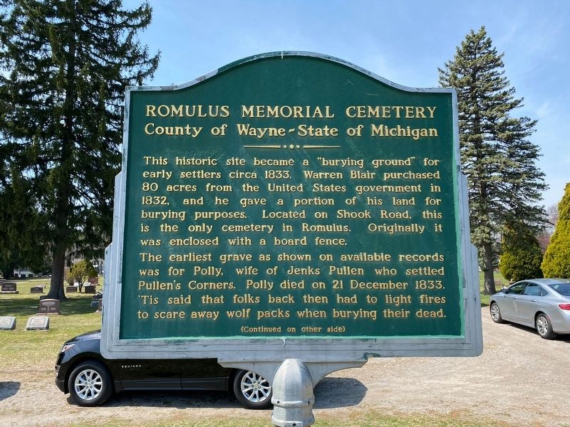 Romulus Memorial Cemetery County of Wayne-State of Michigan Marker image. Click for full size.