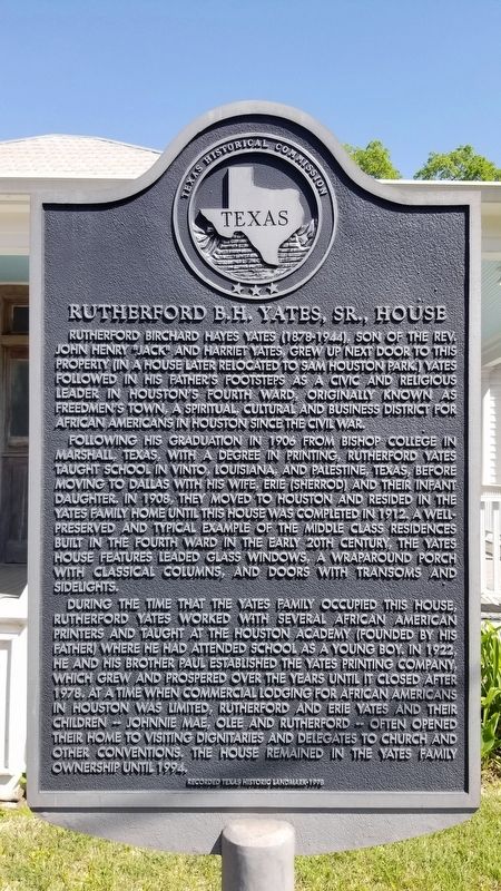Rutherford B.H. Yates, Sr., House Marker image. Click for full size.