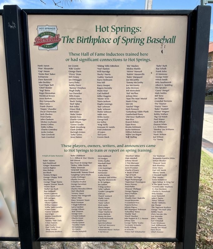 Hot Springs: <i>The Birthplace of Spring Baseball</i> Marker (right). Click for full size. Hot Springs: <i>The Birthplace of Spring Baseball</i> Marker (right) image. Click for full size.