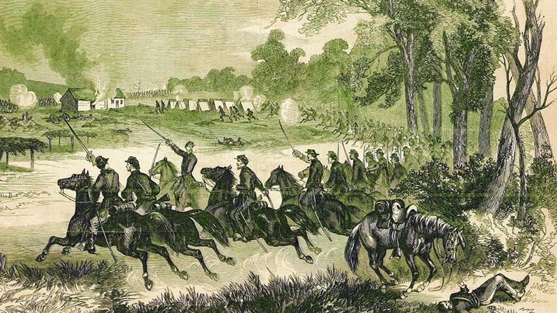 "Federal cavalrymen charge during the Battle of Honey Springs in Indian Territory on July 17, 1863." image. Click for full size.