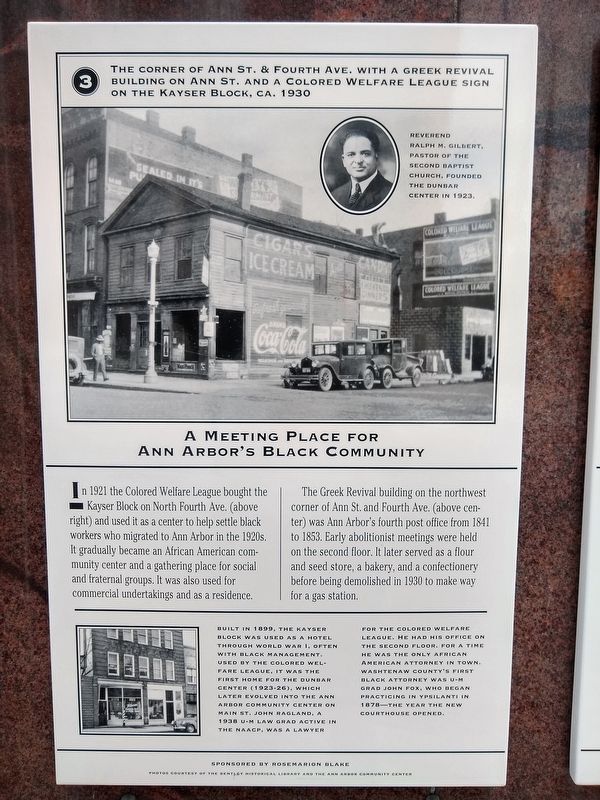 A Meeting Place for Ann Arbor's Black Community Marker. Click for full size. A Meeting Place for Ann Arbor's Black Community Marker image. Click for full size.