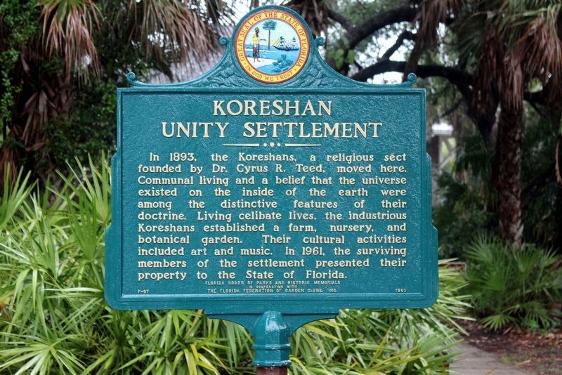 Koreshan Unity Settlement Marker after restoration image. Click for full size.