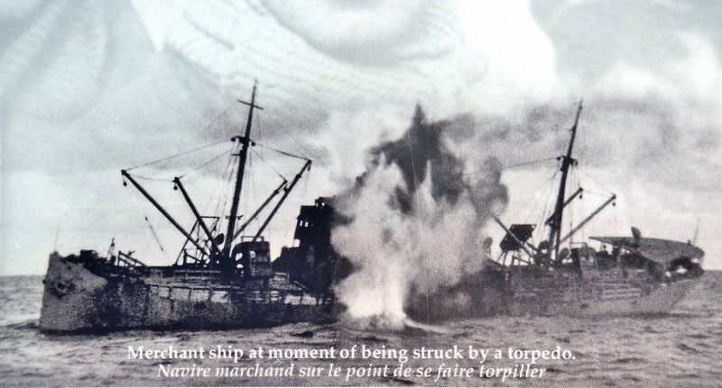 Marker detail: Merchant ship at moment of being struck by a torpedo. Click for full size. Marker detail: Merchant ship at moment of being struck by a torpedo image. Click for full size.