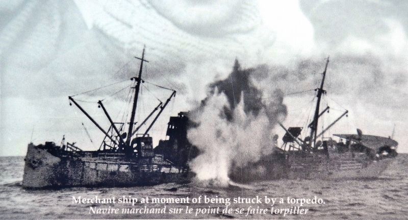 Marker detail: Merchant ship at moment of being struck by a torpedo image. Click for full size.