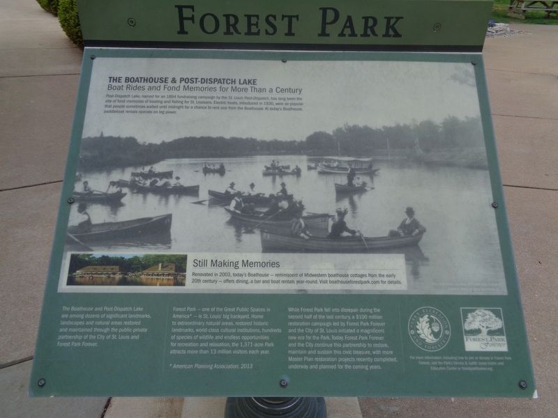 The Boathouse & Post-Dispatch Lake Marker. Click for full size. The Boathouse & Post-Dispatch Lake Marker image. Click for full size.