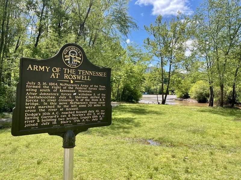 Marker with rain-swollen Big Creek flowing into the Chattahoochee River in background.. Click for full size. Marker with rain-swollen Big Creek flowing into the Chattahoochee River in background. image. Click for full size.