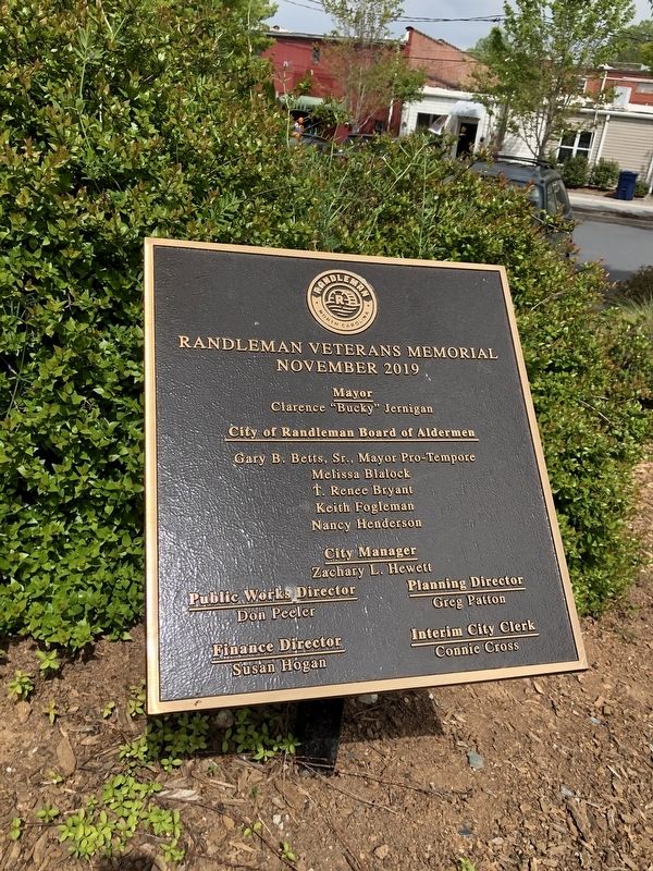 Randleman Veterans Memorial Dedication plaque image. Click for full size.
