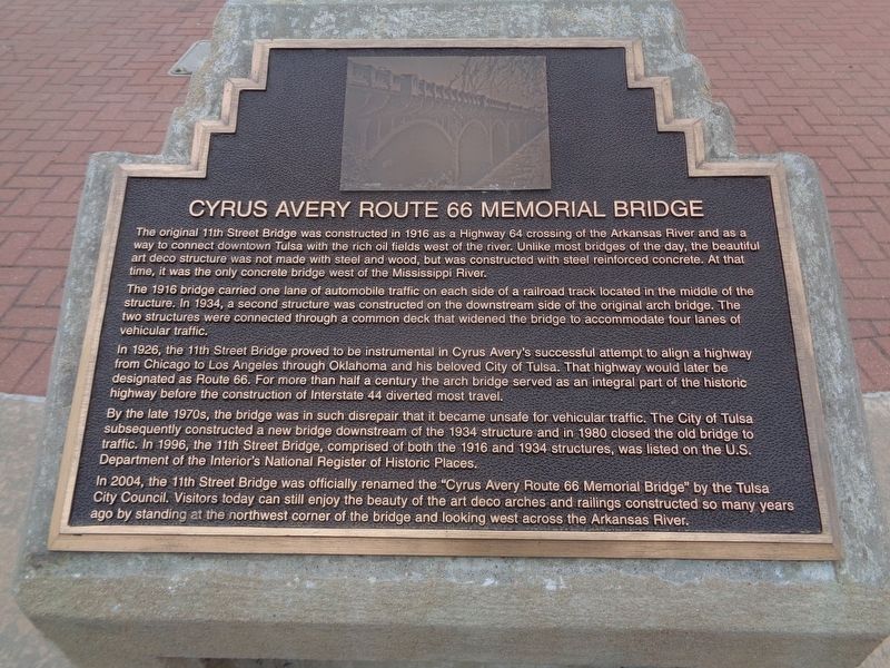 Cyrus Avery Route 66 Memorial Bridge Marker. Click for full size. Cyrus Avery Route 66 Memorial Bridge Marker image. Click for full size.