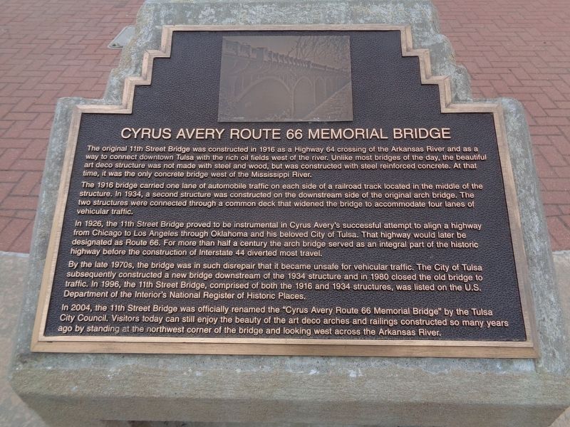 Cyrus Avery Route 66 Memorial Bridge Marker image. Click for full size.