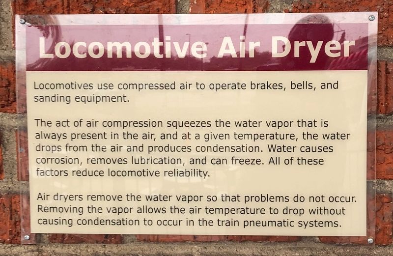 Additional plaque about Locomotive Air Dryers adjacent to the marker image. Click for full size.