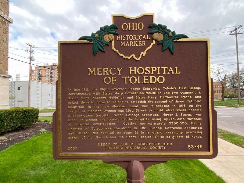 Mercy Hospital of Toledo side of the marker. Click for full size. Mercy Hospital of Toledo side of the marker image. Click for full size.