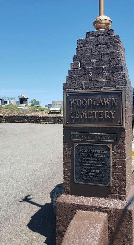 Woodlawn Cemetery Historic District Marker. Click for full size. Woodlawn Cemetery Historic District Marker image. Click for full size.
