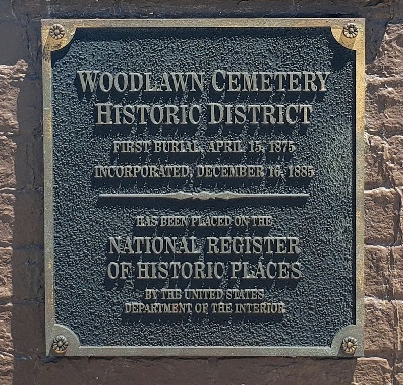 Woodlawn Cemetery Historic District Marker. Click for full size. Woodlawn Cemetery Historic District Marker image. Click for full size.