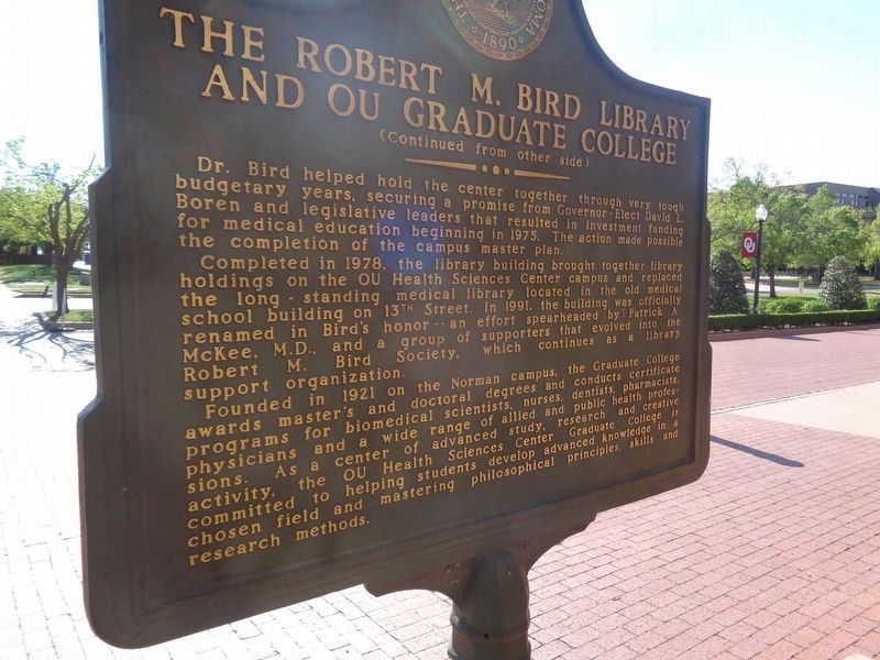 The Robert M. Bird Library and OU Graduate College Marker reverse image. Click for full size.
