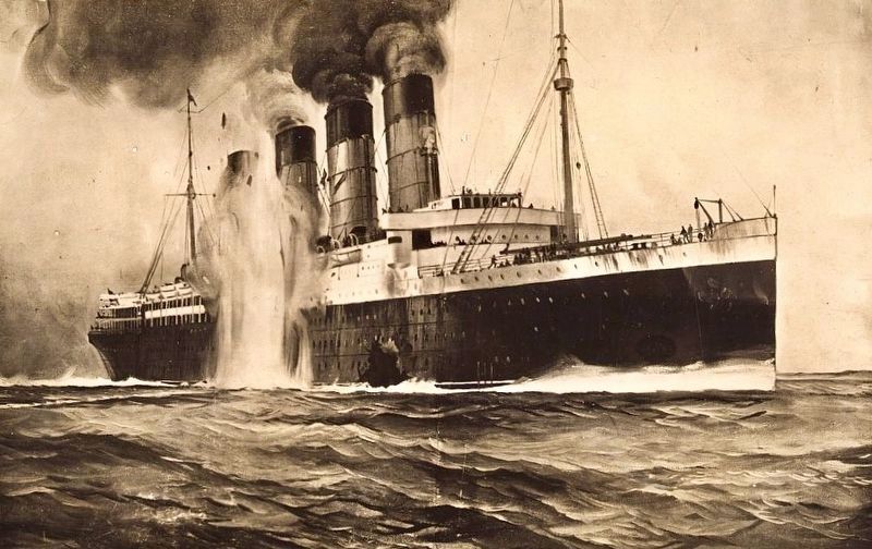 <i>R.M.S. Lusitania, hit by torpedos off Kinsale Head, Ireland</i> image. Click for full size.