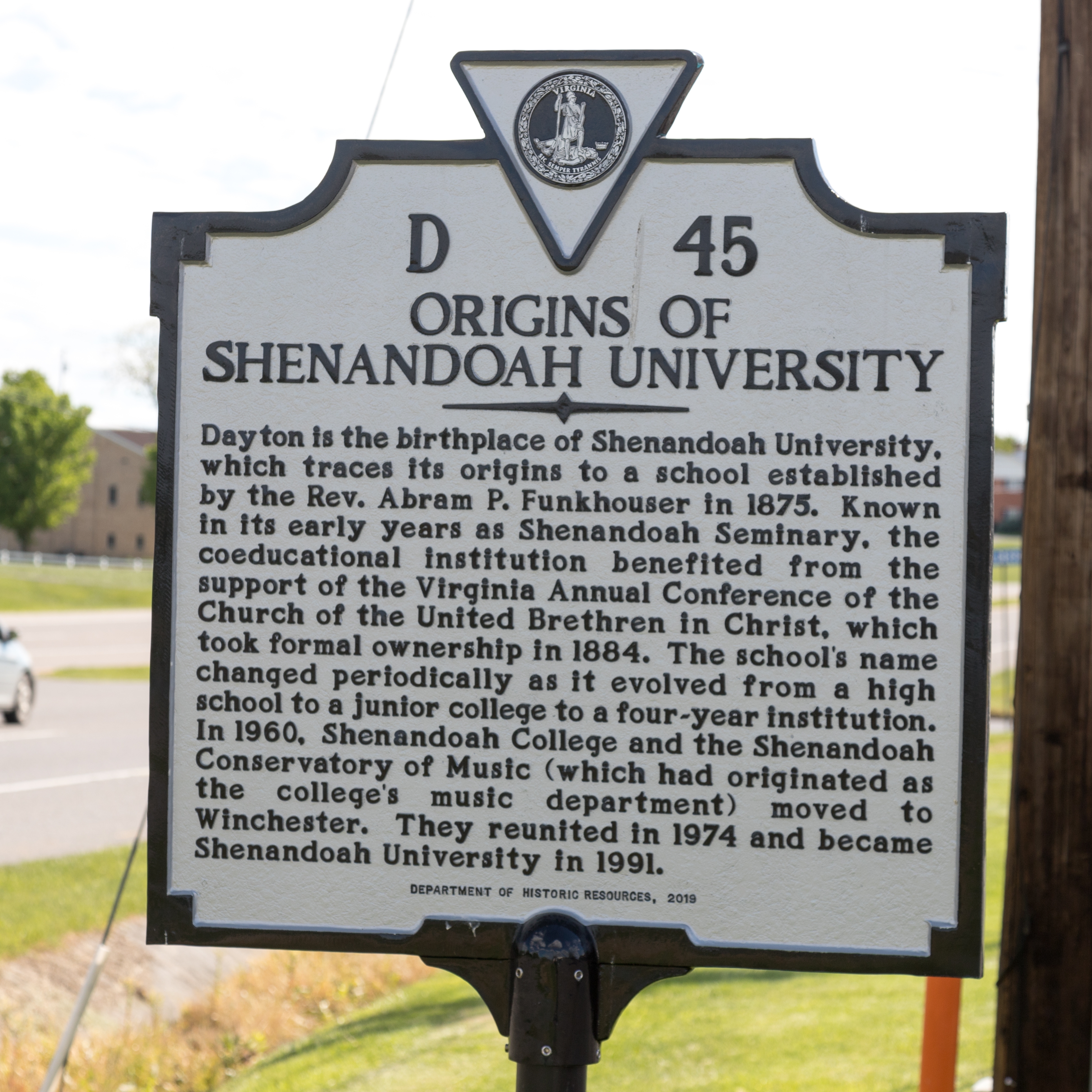 Origins of Shenandoah University Marker