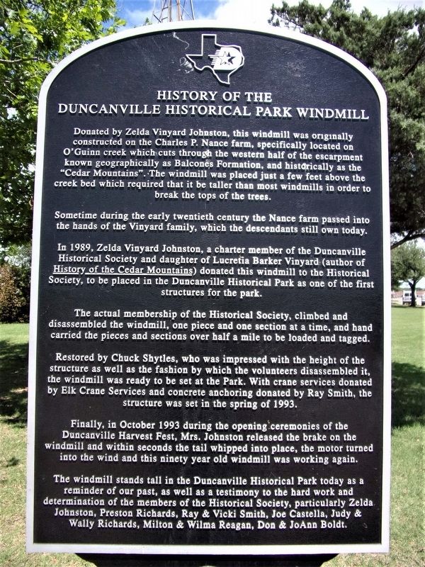 History of the Duncanville Historical Park Windmill Marker image. Click for full size.