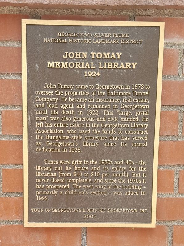 John Tomay Memorial Library 1924 Marker. Click for full size. John Tomay Memorial Library 1924 Marker image. Click for full size.