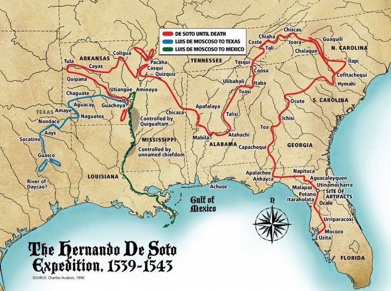 The Hernando de Soto expedition trail map. Click for full size. The Hernando de Soto expedition trail map image. Click for full size.