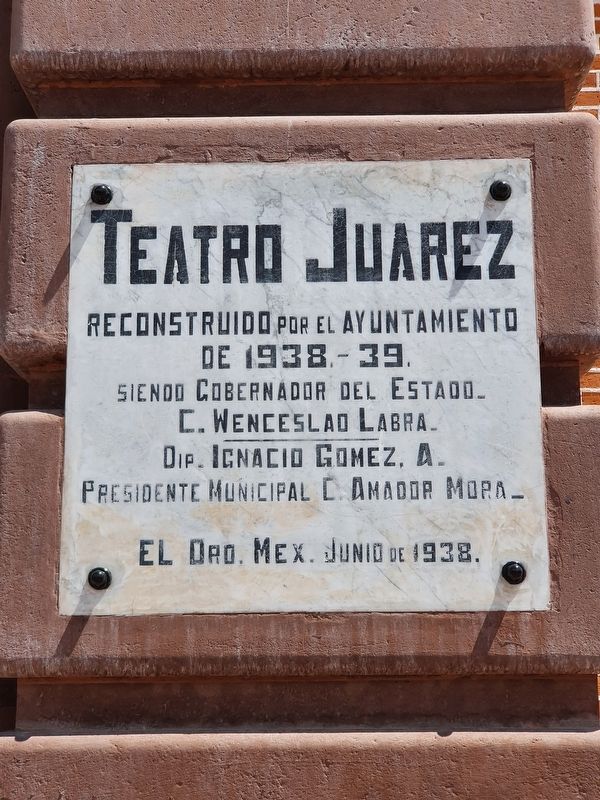 The Juarez Theater 1938 remodeling tablet image. Click for full size.