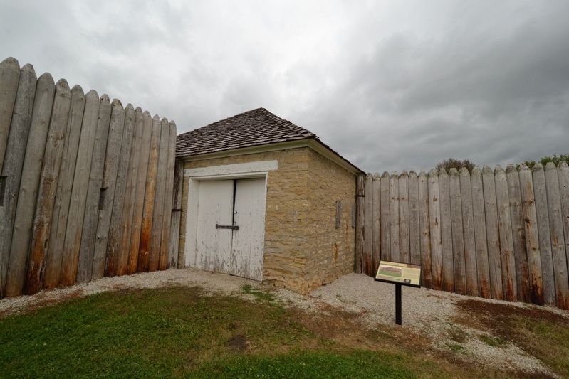 Northeast block house in front of the stockade marker image. Click for full size.