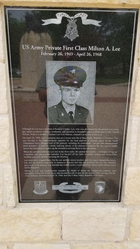 US Army Private First Class Milton A. Lee Marker. Click for full size. US Army Private First Class Milton A. Lee Marker image. Click for full size.