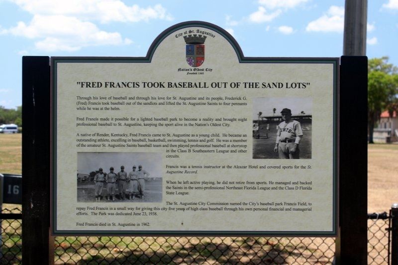 "Fred Francis Took Baseball Out of the Sand Lots" Marker image. Click for full size.